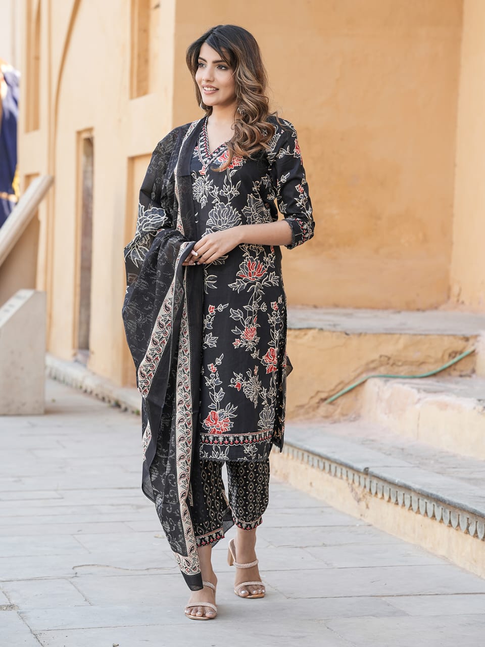 Printed Cotton Punjabi Suit in Black